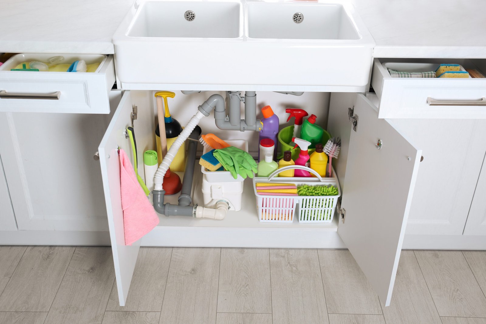 Organised under sink storage with baskets and cleaning products in a modern kitchen cupboard
