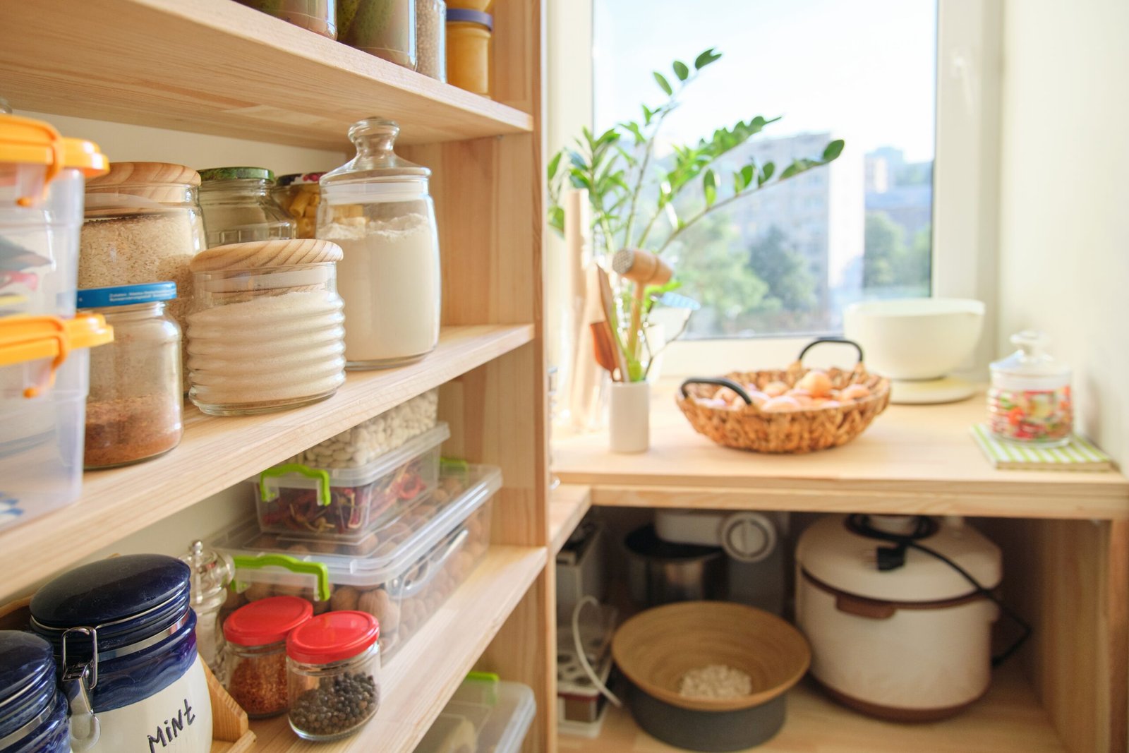 Small kitchen storage ideas using open shelves and clear containers to maximise space