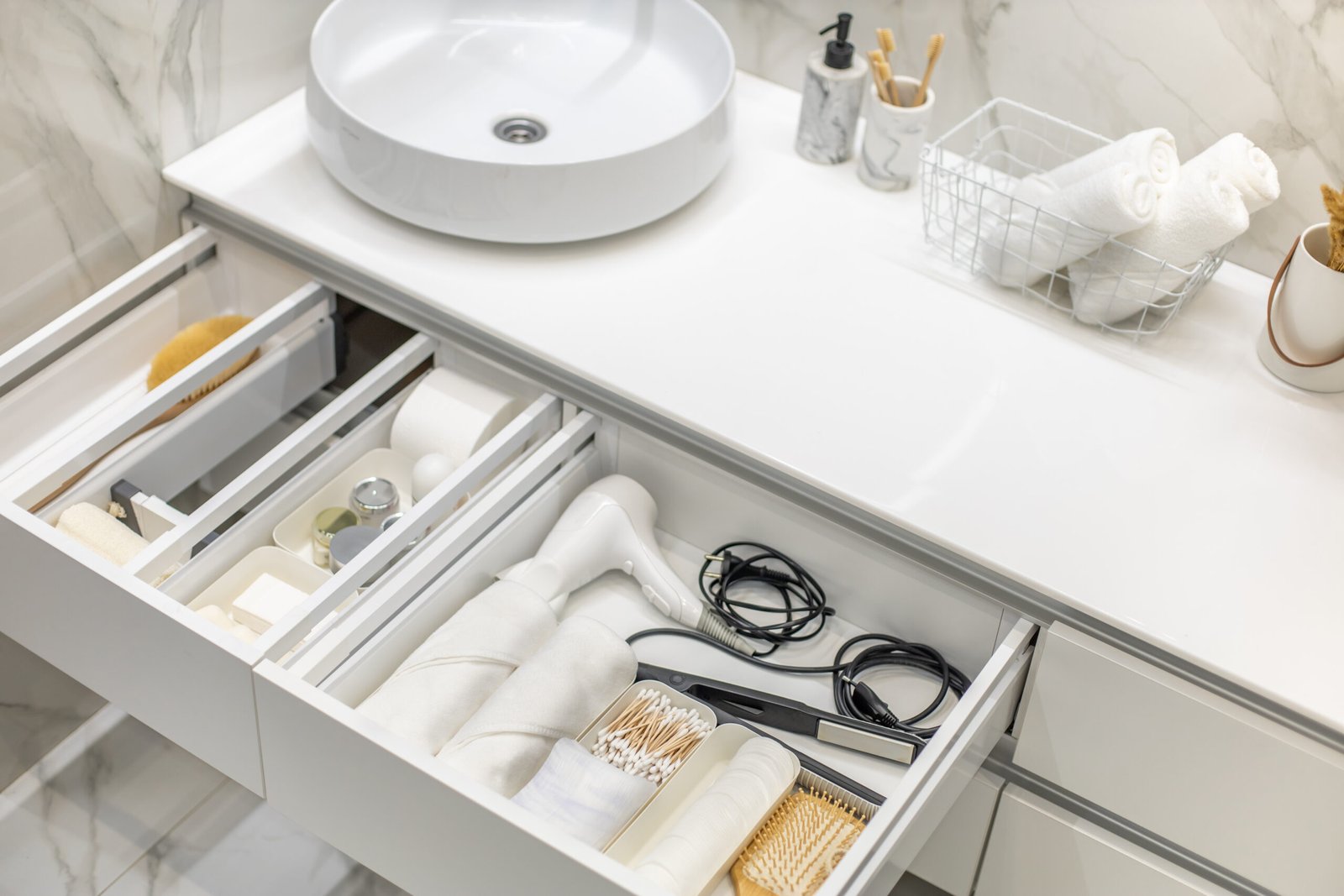 bathroom drawer organisation with dividers and daily essentials