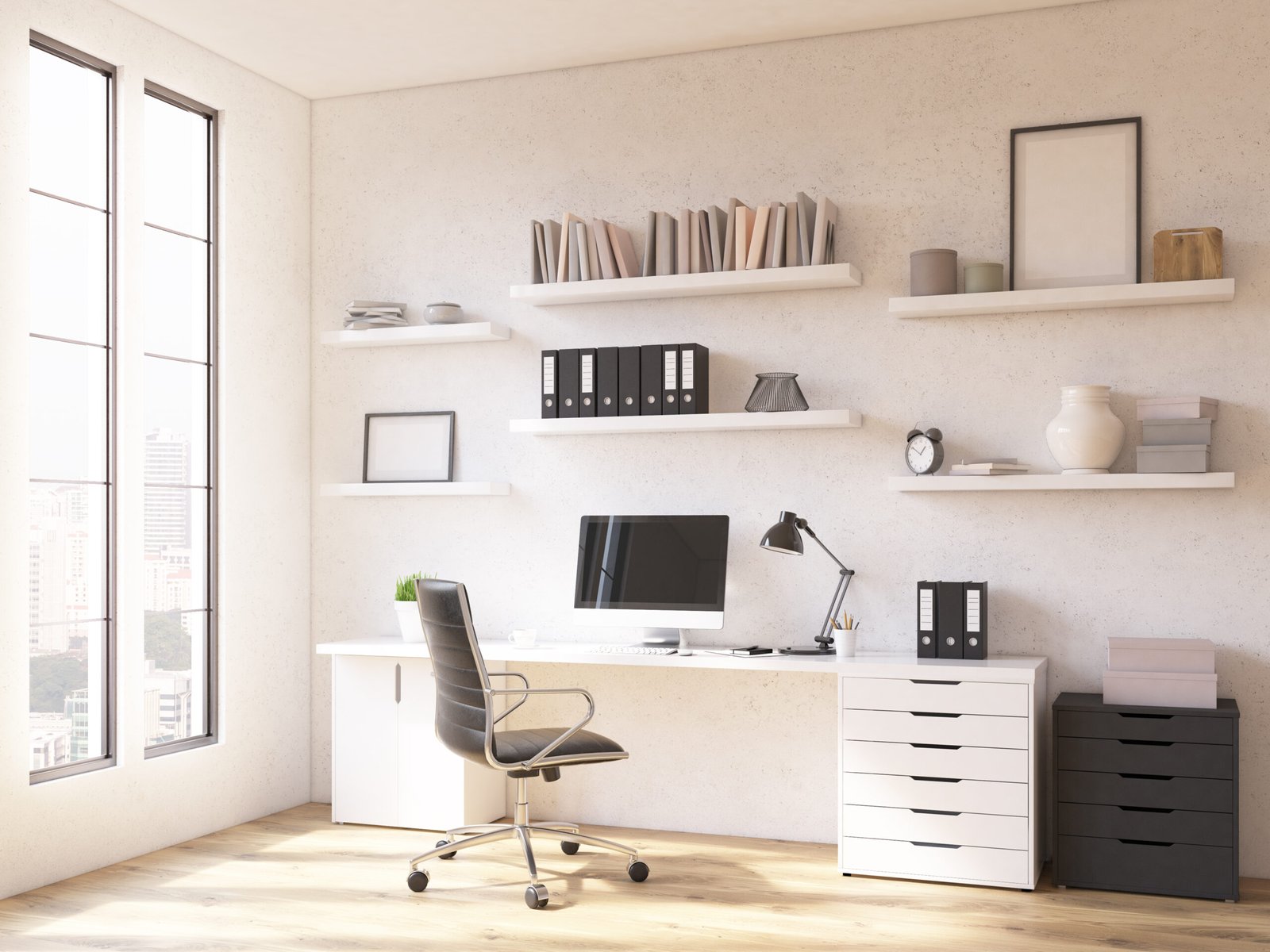 Minimal home office with desk drawers and wall shelves for organised workspace storage