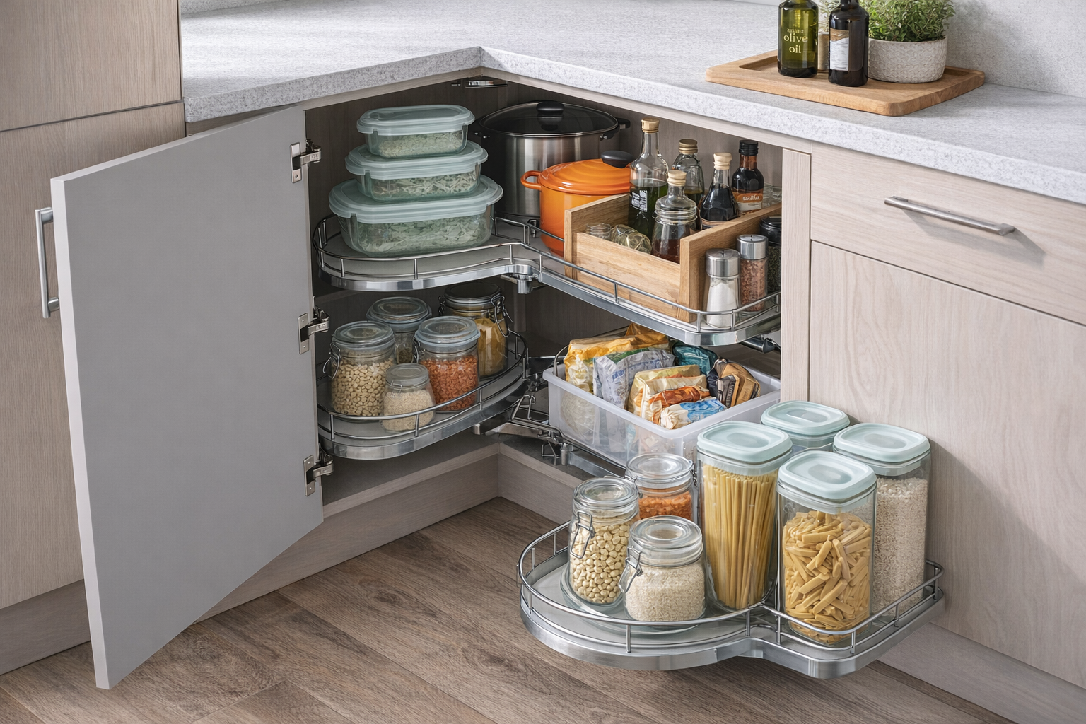 Corner kitchen cupboard with pull-out shelves and organised pantry storage in an awkward space
