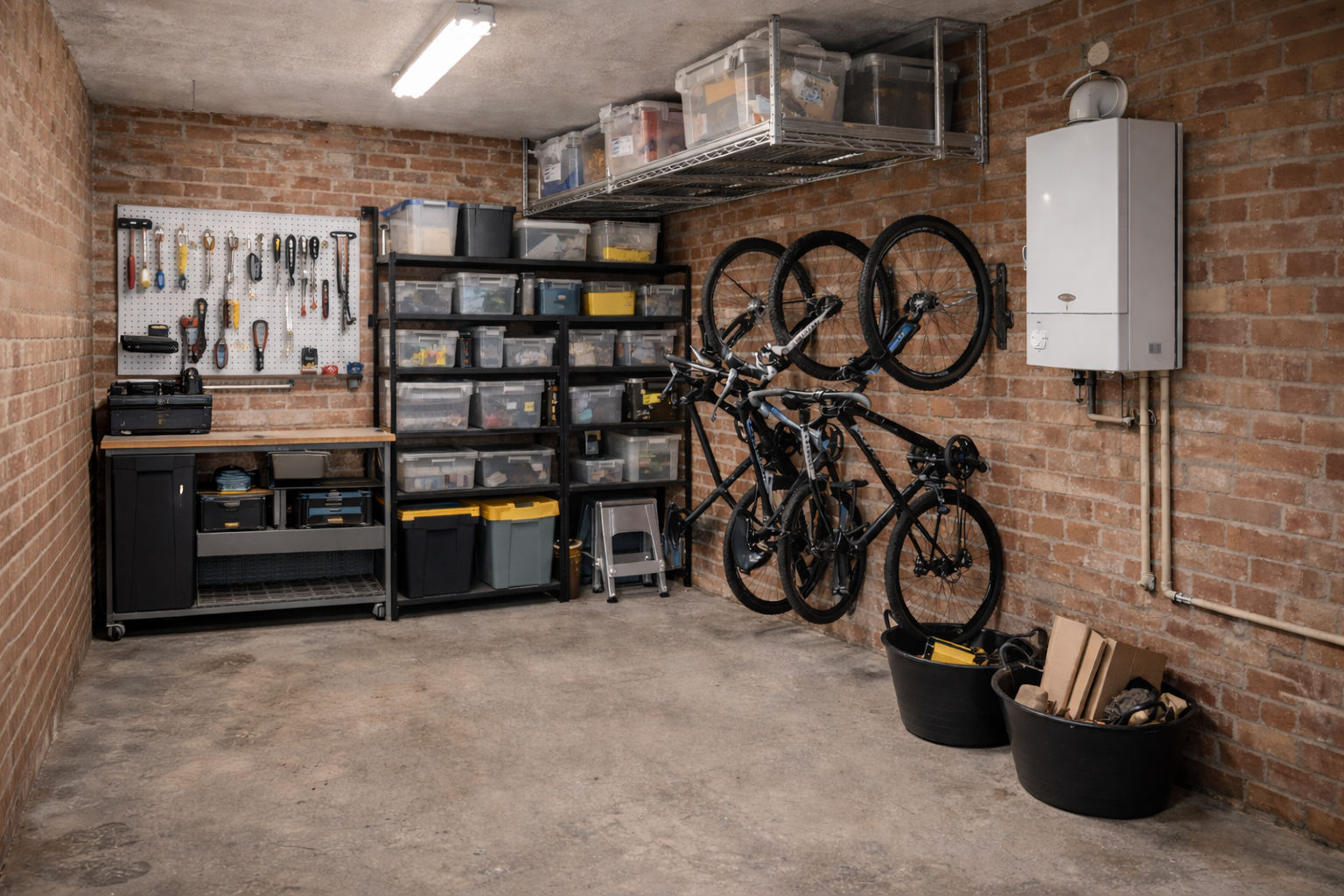 Organised small UK garage with brick walls, wall-mounted pegboard, overhead storage racks and bikes hung vertically